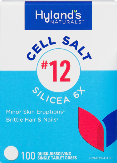 #12 silícea 6X sal de célula, erupciones de la piel, cabellos y uñas débiles, 100 Tabletas