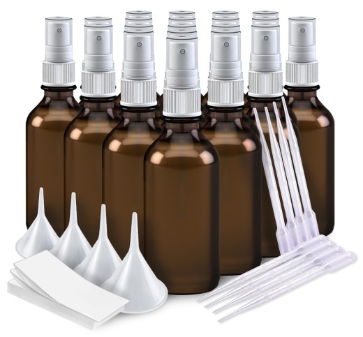 Mengset voor essentiële oliën 20 - 2-ons sprayflessen, etiketten, pipetten en trechters