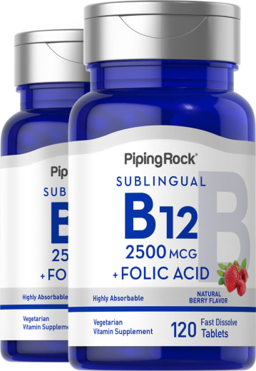 Vitamina B12 (2500 mcg) y ácido fólico (400 mcg), 120 Pastillas de rápida disolución, 2  Botellas/Frascos