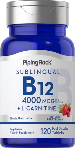 B12 (sublingual) 4000 mcg (por porção) + L-carnitina (sabor natural frutas vermelhas), 120 Comprimidos de dissolução rápida