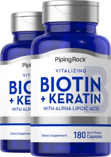 Biotyna Complex 5000 mcg (5 mg) Plus ALA i keratyna, 180 Kapsułki o szybkim uwalnianiu, 2  Butelki
