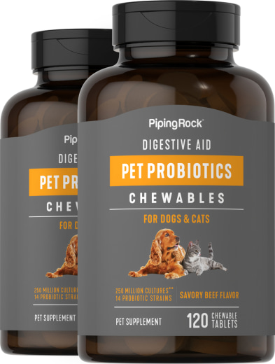 Auxílio digestivo probiótico para cães e gatos, 120 Comprimidos mastigáveis, 2  Frascos