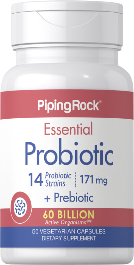 Probiotico essenziale; 14 ceppi, 60 miliardi di organismi + prebiotico, 50 Capsule vegetariane