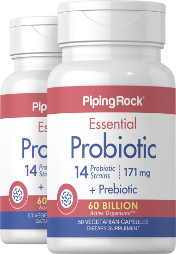Probiótico esencial (14 cepas y 60 000 millones de organismos) + Prebiótico, 50 Cápsulas vegetarianas, 2  Botellas/Frascos
