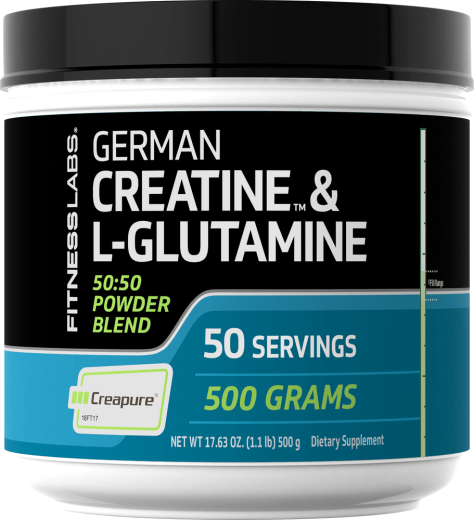 German Monohidrato de creatina (Creapure) & L-glutamina en polvo (50:50 Mezcla), 10 gramos (por ración), 1.1 lb (500 g) Botella/Frasco