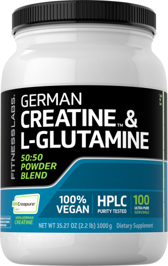 เยอรมนี ครีเอทีน โมโนไฮเดรต (Creapure) & แอล-กลูตามีนผง (50:50 Blend), 10 กรัม (ต่อหน่วยบริโภค), 2.2 lb (1000 g) ขวด