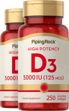 Vitamine D3 Forte puissance, 5000 IU, 250 Capsules molles à libération rapide, 2  Bouteilles