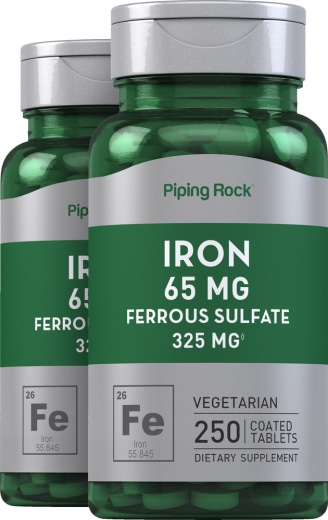 Sulfato ferroso de hierro , 65 mg, 250 Tabletas recubiertas, 2  Botellas/Frascos