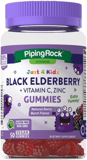 Kids Black Elderberry + Vitamin C, Zinc Gummies (Natural Berry Burst Flavor), 50 Vegan Gummies