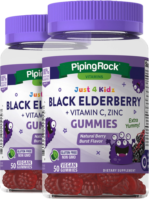 Kids Black Elderberry + Vitamin C, Zinc Gummies (Natural Berry Burst Flavor), 50 Vegan Gummies, 2  Bottles