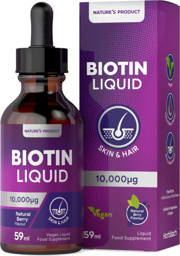 Biotina Líquida (Bagas Naturais), 10,000 mcg (por porção), 2 fl oz (59 mL) Frasco