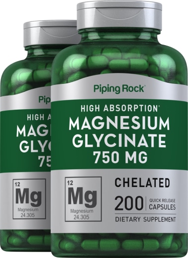 Glicinato de magnesio , 750 mg, 200 Cápsulas de liberación rápida, 2  Botellas/Frascos