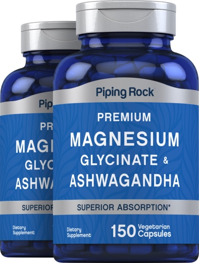 Magnesiumglycinat + Ashwagandha (Schlafbeere), 150 Vegetarische Kapseln, 2  Flaschen