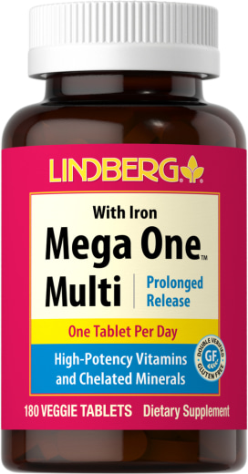 Mega One multivitamin med jern (forlenget frigjøring), 180 Vegetarianske tabletter