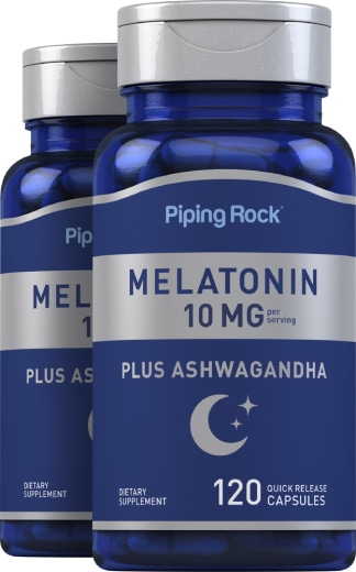 Melatonina Plus Ashwagandha, 10 mg (por dose), 120 Cápsulas de Rápida Absorção, 2  Frascos