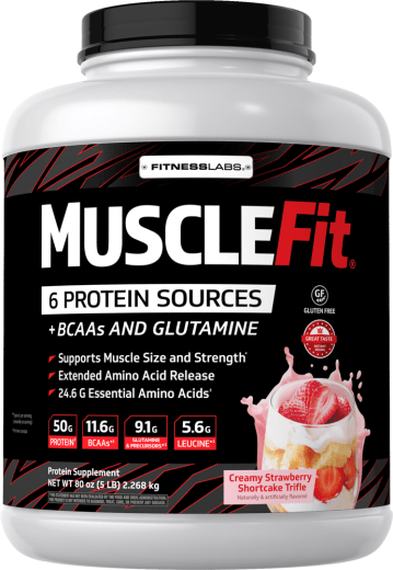 Proteín MuscleFIt (jahodová zmrzlina), 5 lb (2.268 kg) Fľaša