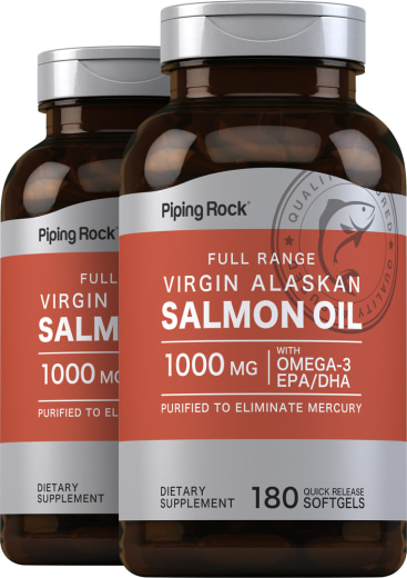 Salmon Oil 1000 mg Virgin Wild Alaskan Full Range, 180 Quick Release Softgels, 2  Bottles
