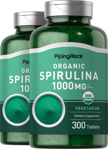Espirulina (orgánica), 1000 mg (por porción), 300 Tabletas vegetarianas, 2  Botellas/Frascos