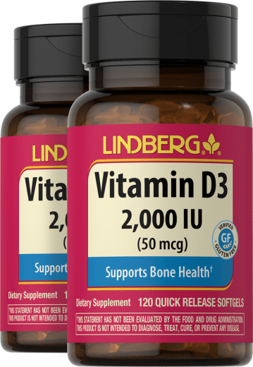 Vitamin D 3, 2000 IU, 120 Softgel for hurtig frigivelse, 2  Flasker