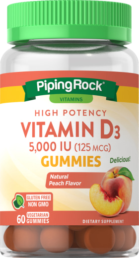 비타민 D3 젤리(천연 복숭아맛), 5000 IU, 60 식물성 젤리