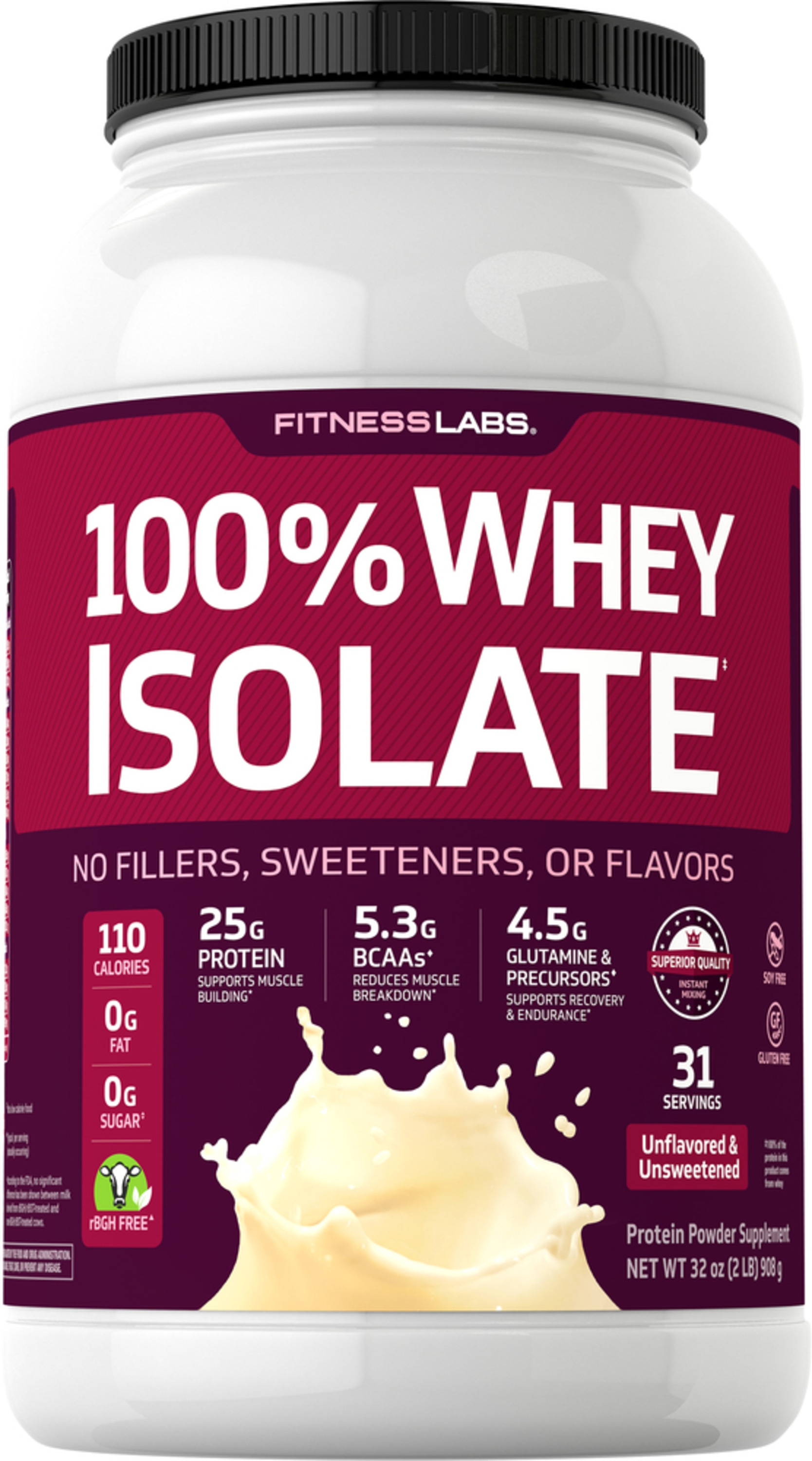 Whey Protein Isolate (Unflavored & Unsweetened), 2 lb (908 g) Bottle |  PipingRock Health Products