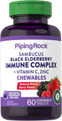 Sambucus, complesso di sambuco nero con vitamina C e zinco (bacca naturale) per le difese immunitarie 60 Compresse masticabili