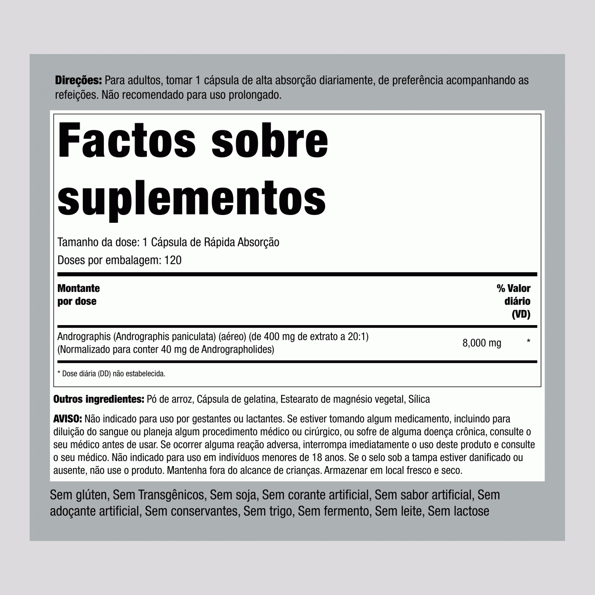 Extrato de Andrographis Paniculata 8000 mg 120 Cápsulas de Rápida Absorção     