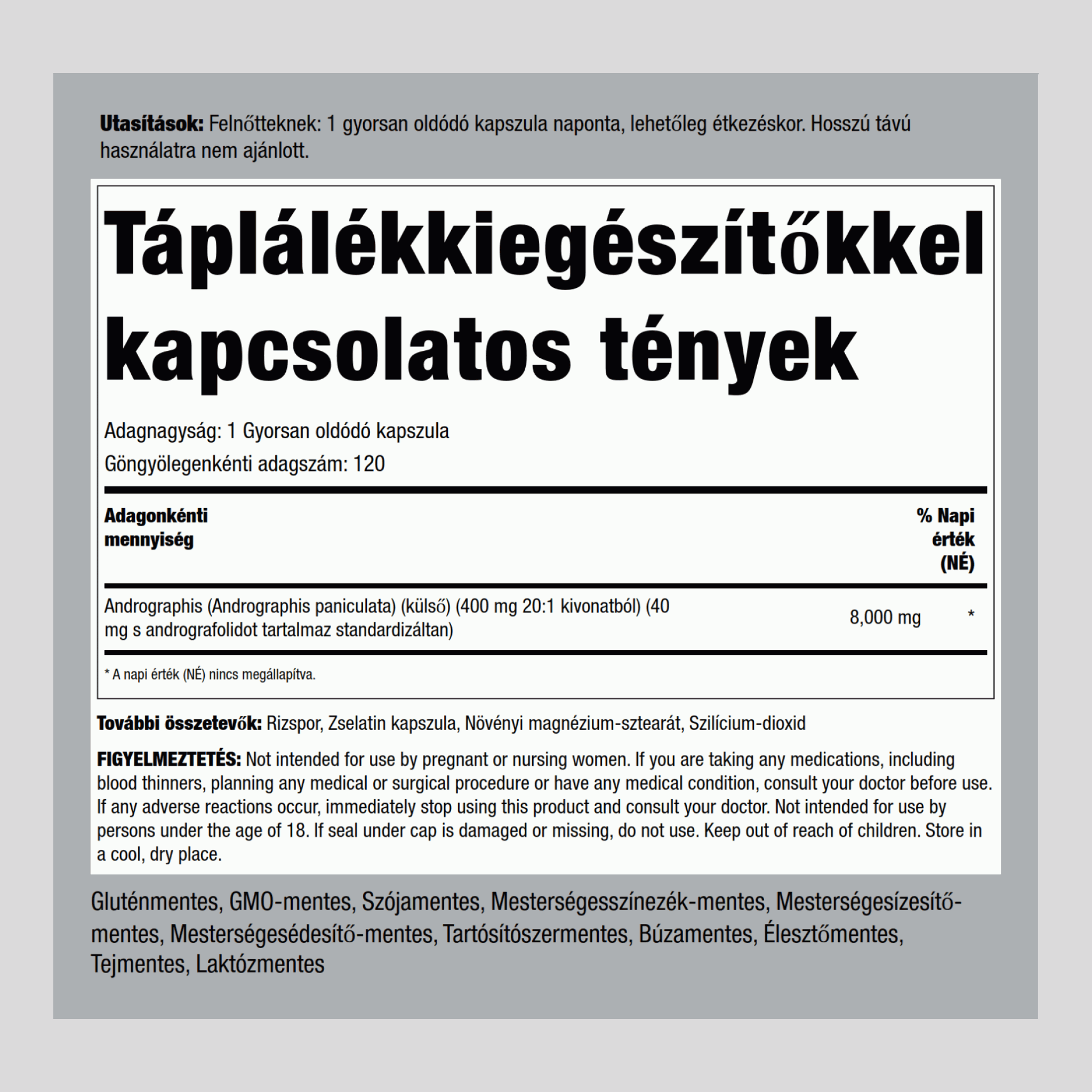 Andrographis Paniculata kivonat 8000 mg 120 Gyorsan oldódó kapszula     