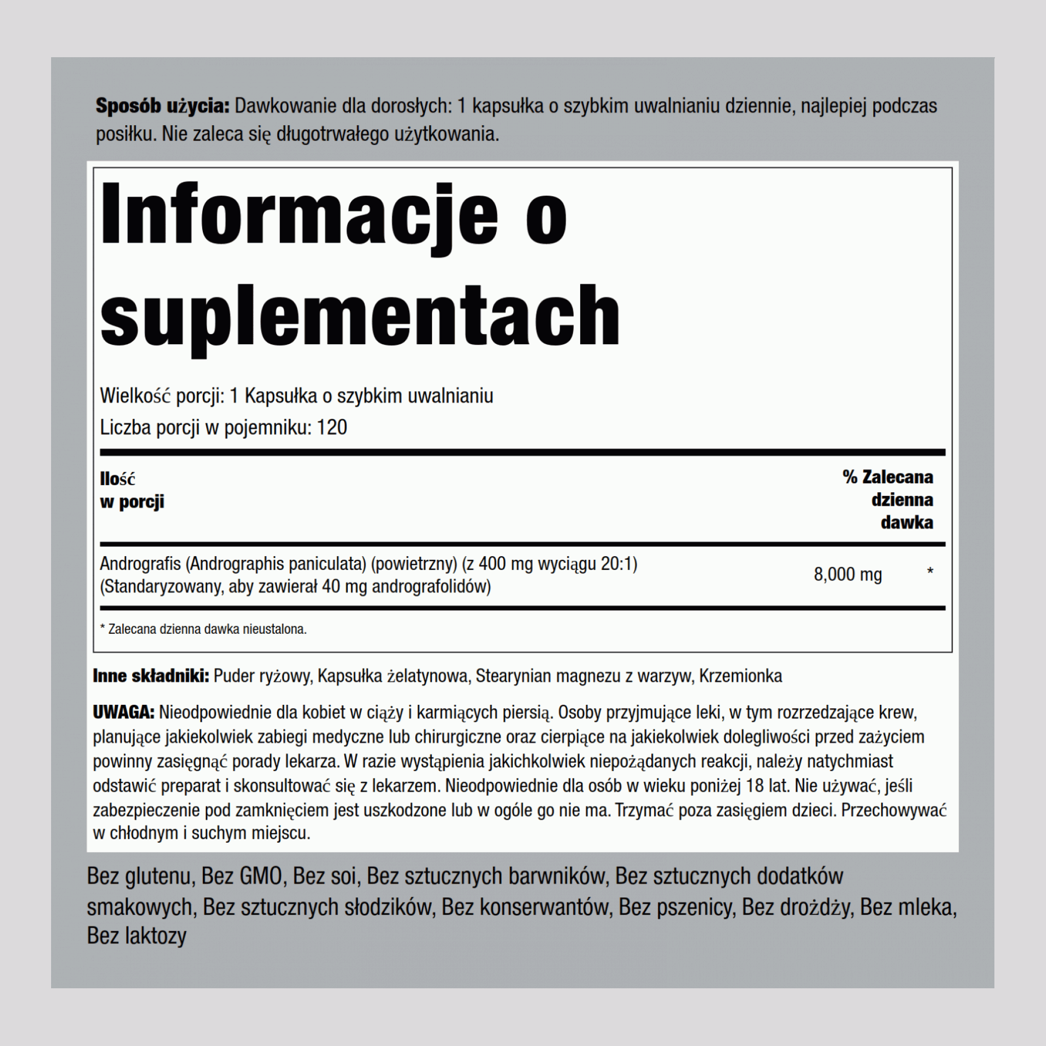 Ekstrakt z zioła Andrographis Paniculata 8000 mg 120 Kapsułki o szybkim uwalnianiu     