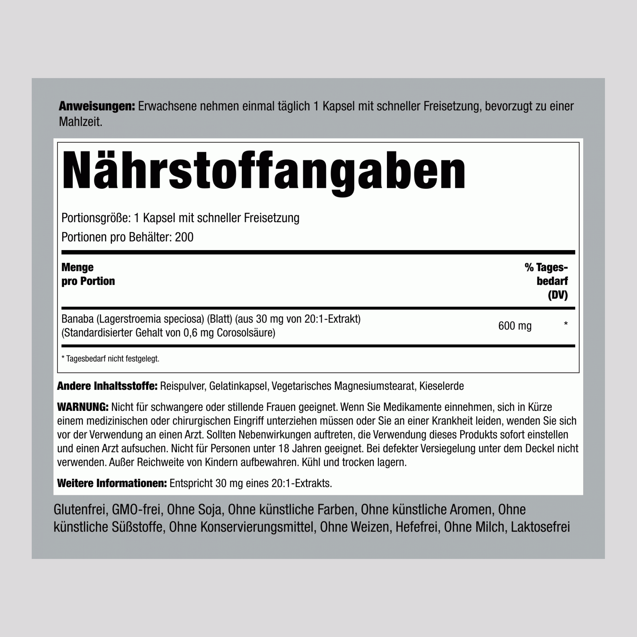 Banaba-Extrakt (0,6 mg Corosolsäure) 600 mg 200 Kapseln mit schneller Freisetzung     