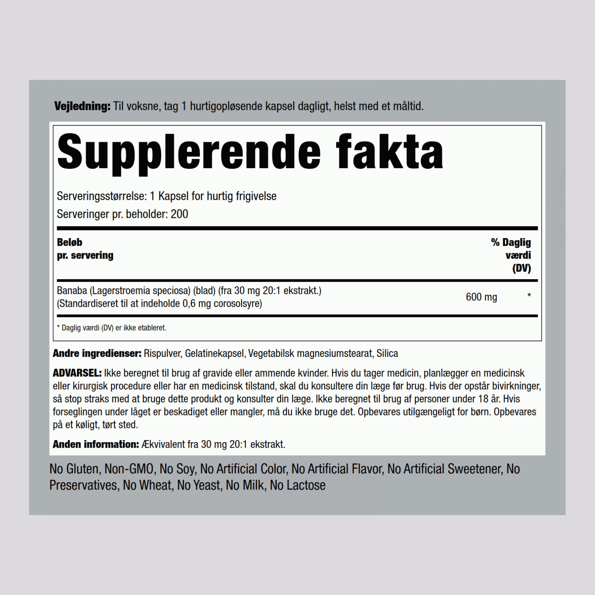 Banaba ekstrakt (0,6 mg corosolsyre) 600 mg 200 Kapsler for hurtig frigivelse     