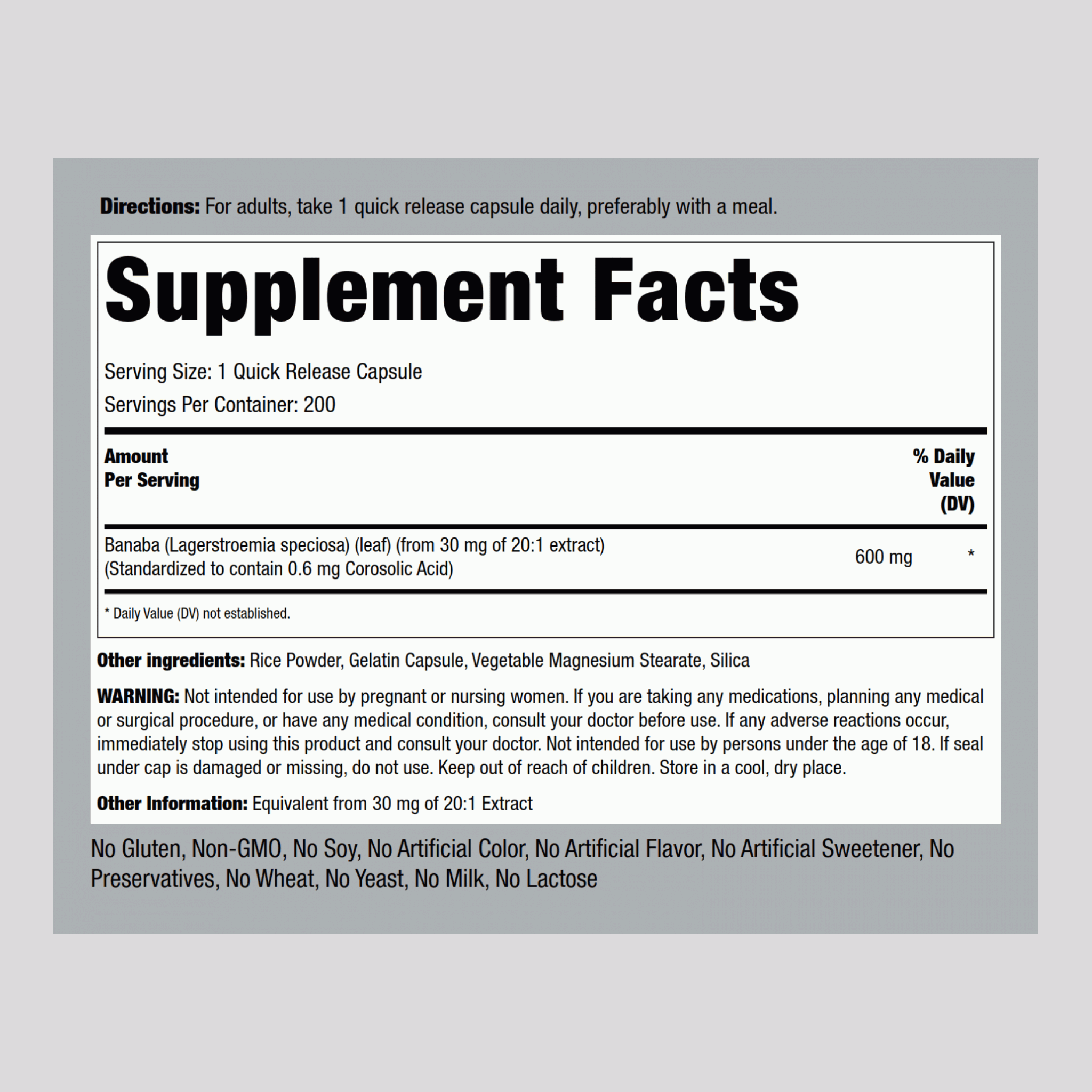 大花紫薇提取物（0.6 毫克科羅索酸） 600 mg 200 快速釋放膠囊     