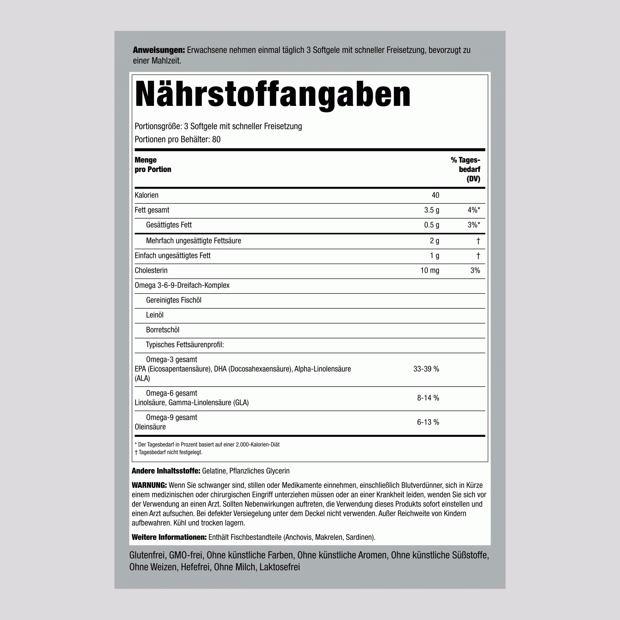 Multi-Omega 3-6-9 Fisch, Leinsamen u. Borretsch 240 Softgele mit schneller Freisetzung       