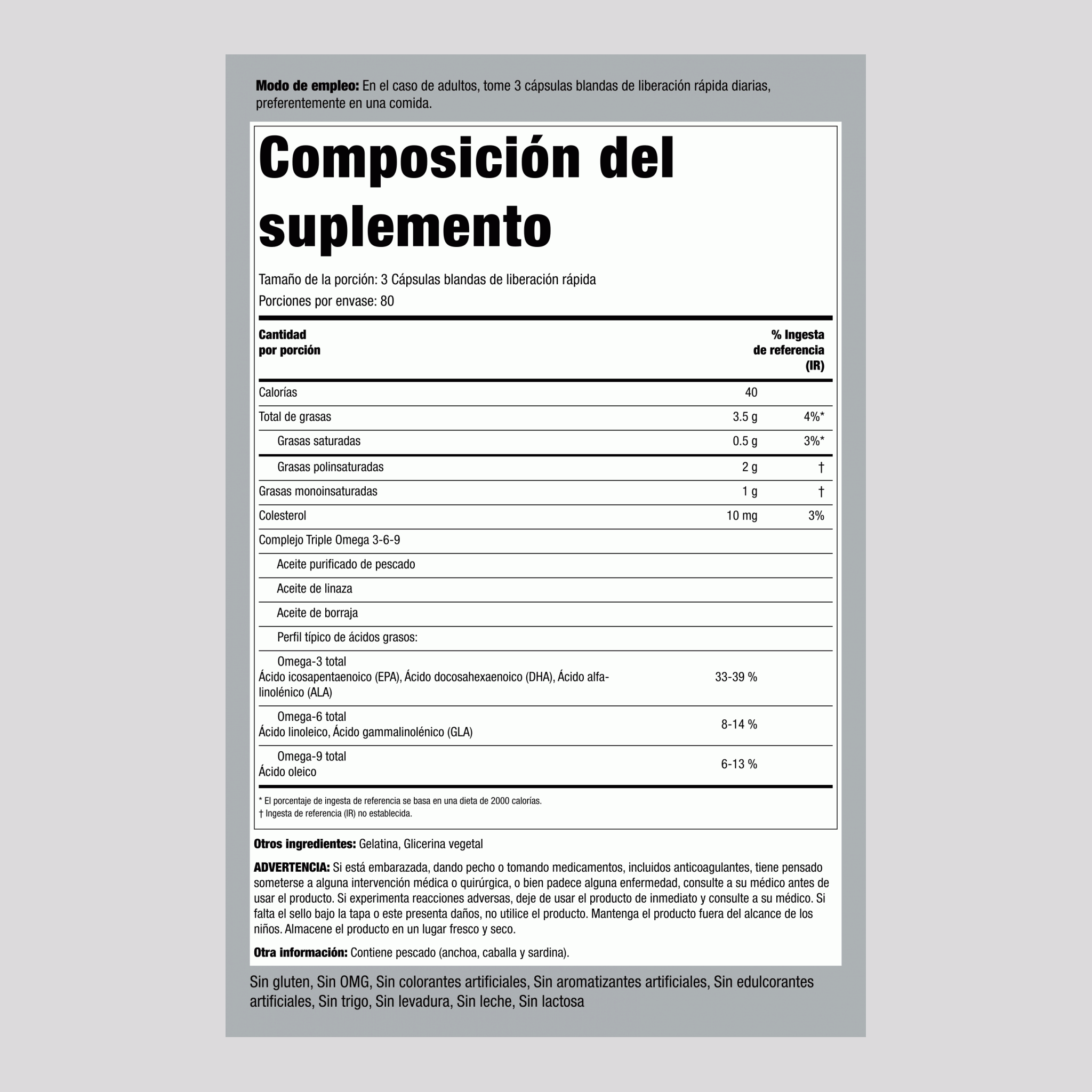 Multi omega 3-6-9 pescado, lino y borraja 240 Cápsulas blandas de liberación rápida       