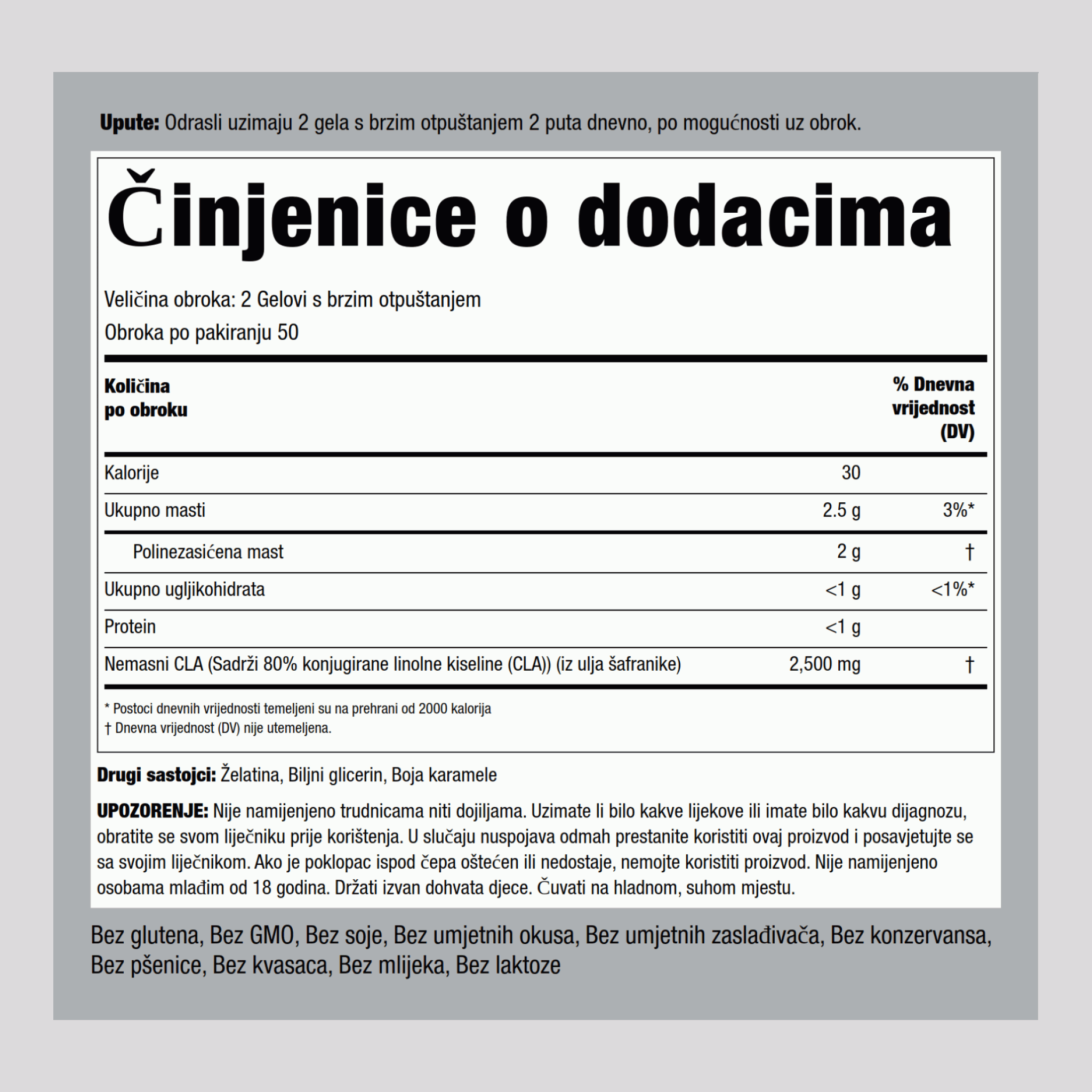 LEAN CLA (mješavina ulja šafranike) 2500 mg (po obroku) 100 Gelovi s brzim otpuštanjem     