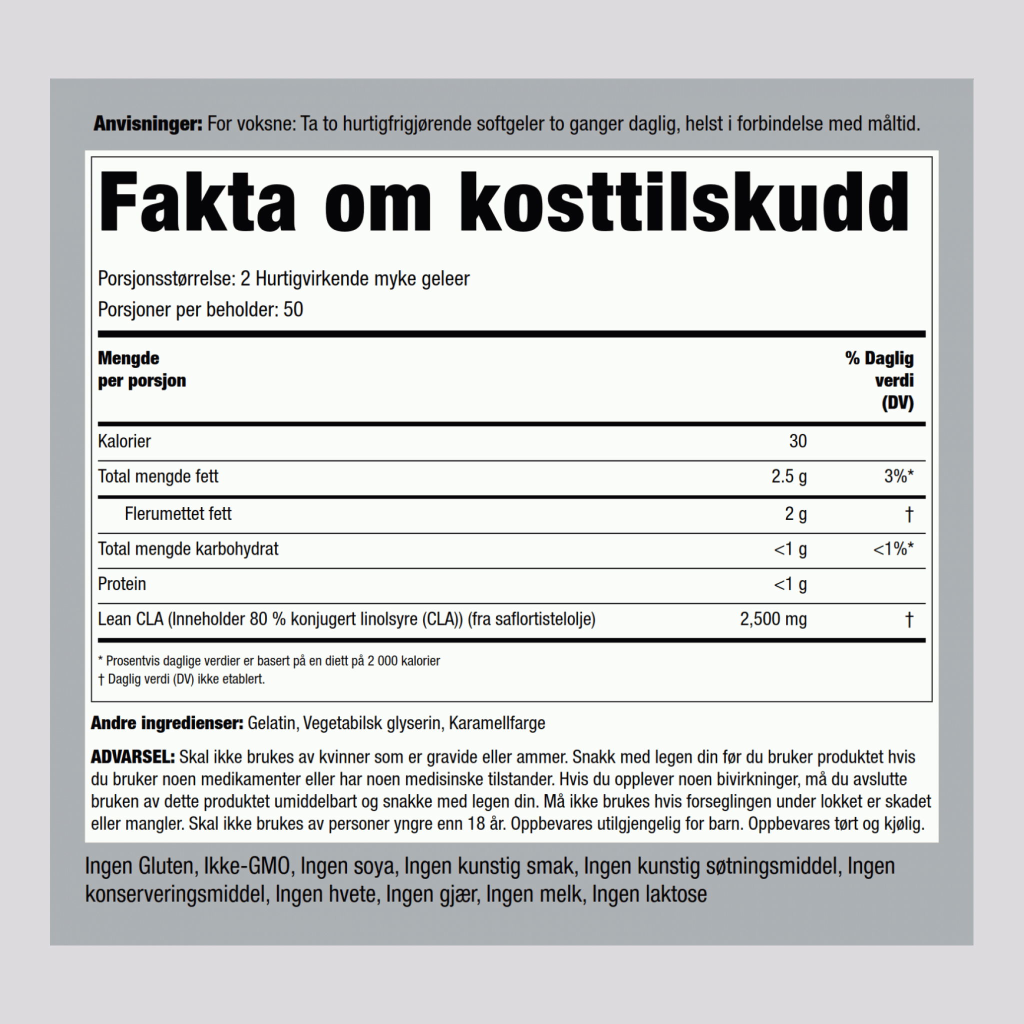 LEAN CLA (fargetisteloljeblanding) 2500 mg (per dose) 100 Hurtigvirkende myke geleer     