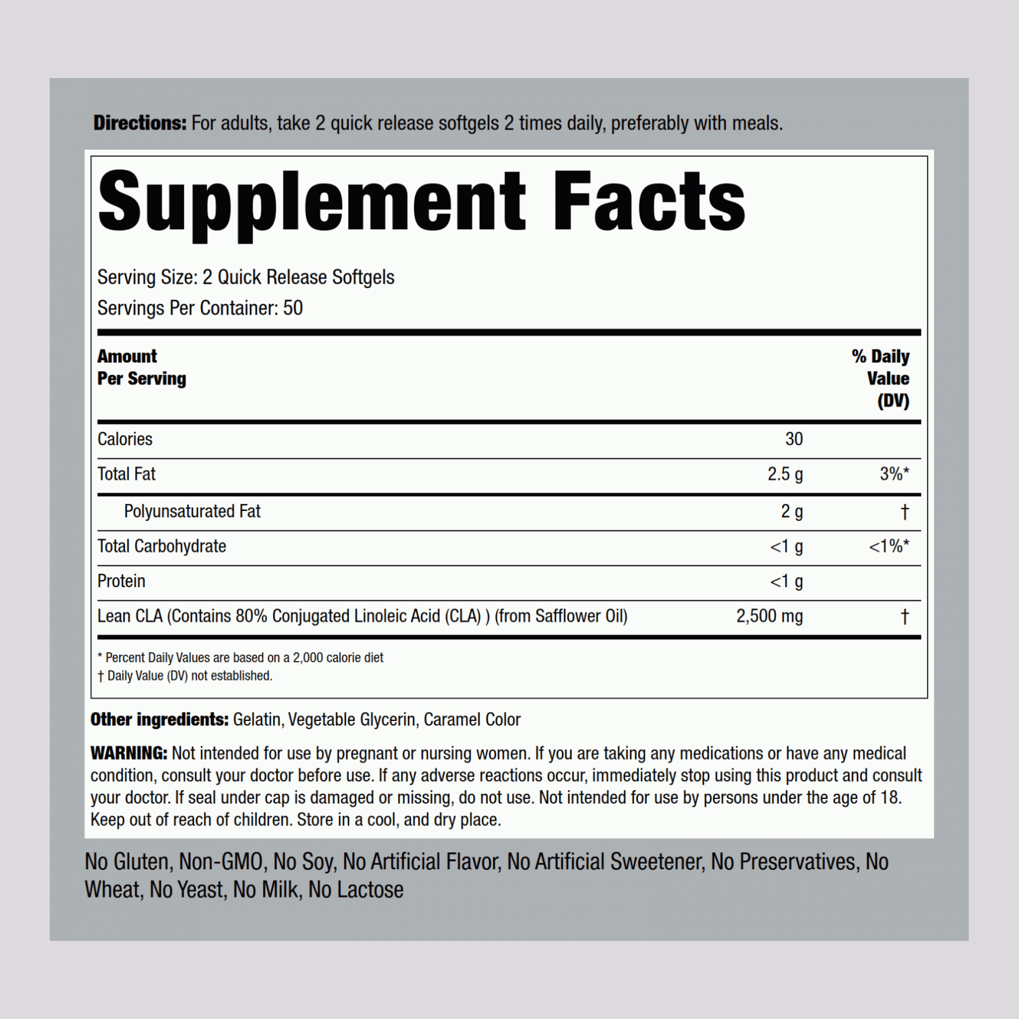 LEAN CLA (Safflower Oil Blend), 2500 mg (per serving), 100 Quick Release Softgels, 2  Bottles