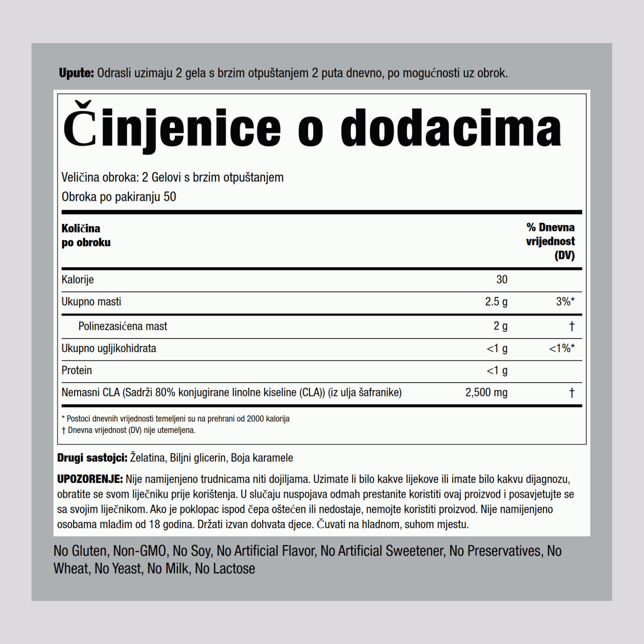 CLA ALLÉGÉ (Mélange huile de carthame),  2500 mg (par portion) 100 Capsules molles à libération rapide 2 Bouteilles