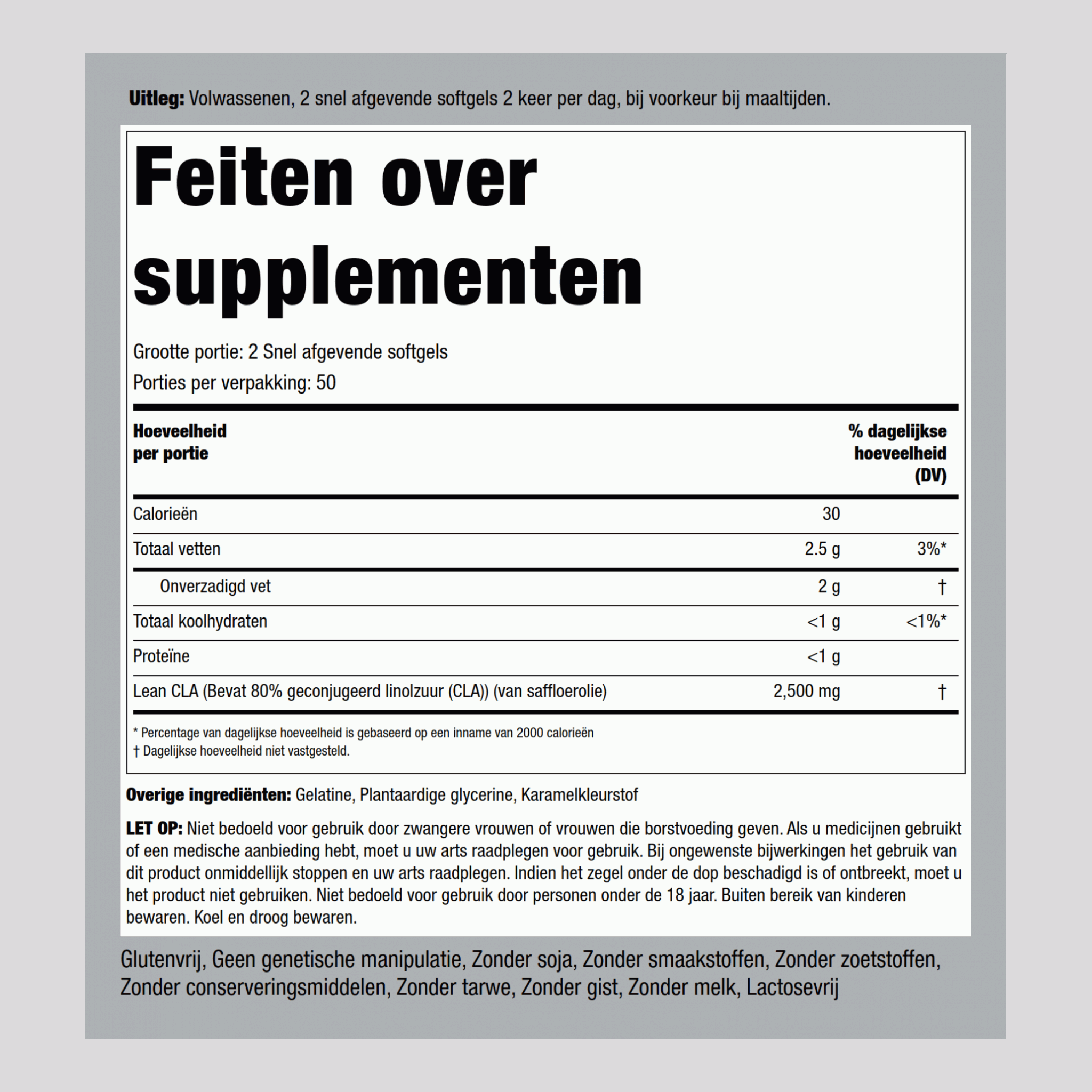 CLA ALLÉGÉ (Mélange huile de carthame),  2500 mg (par portion) 100 Capsules molles à libération rapide 2 Bouteilles