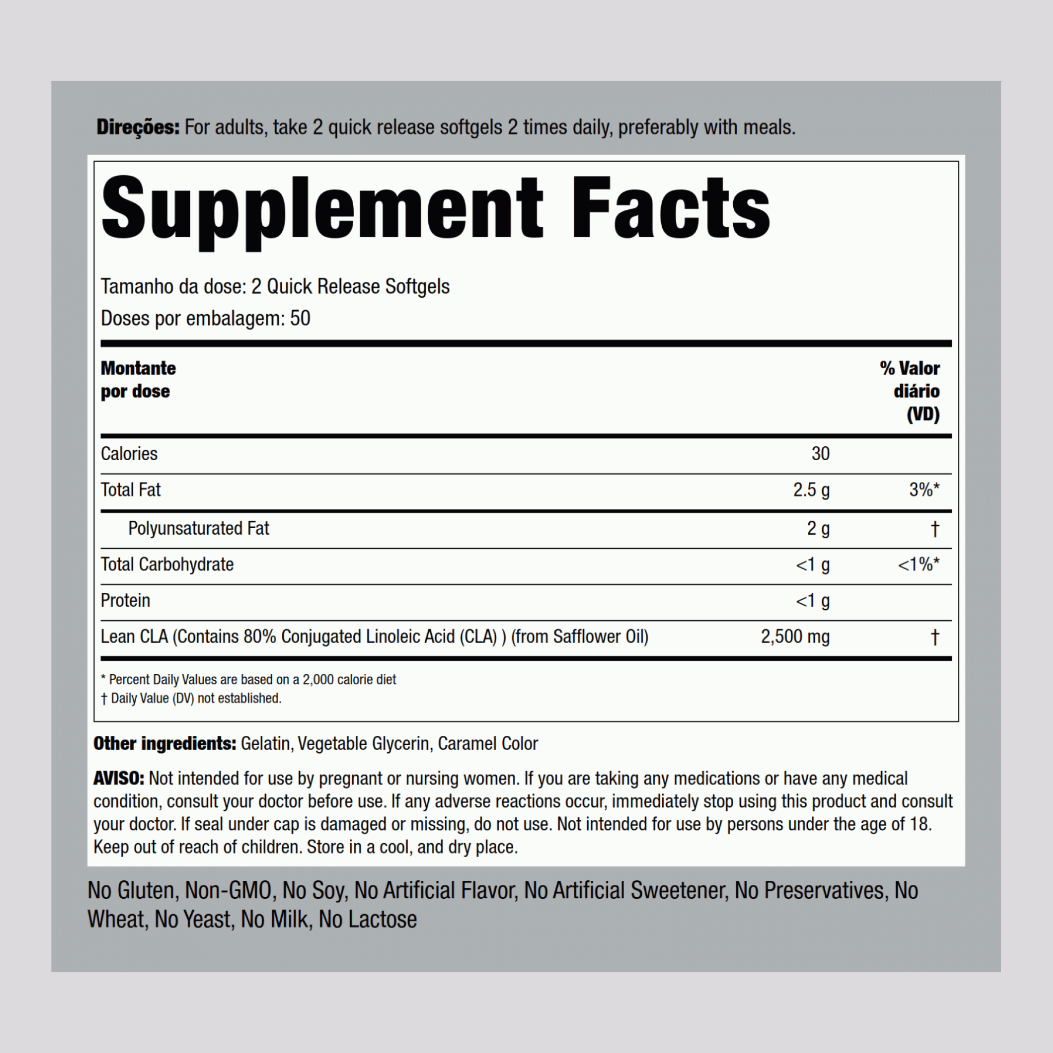 LEAN CLA (Safflower Oil Blend), 2500 mg (per serving), 100 Quick Release Softgels, 2  Bottles