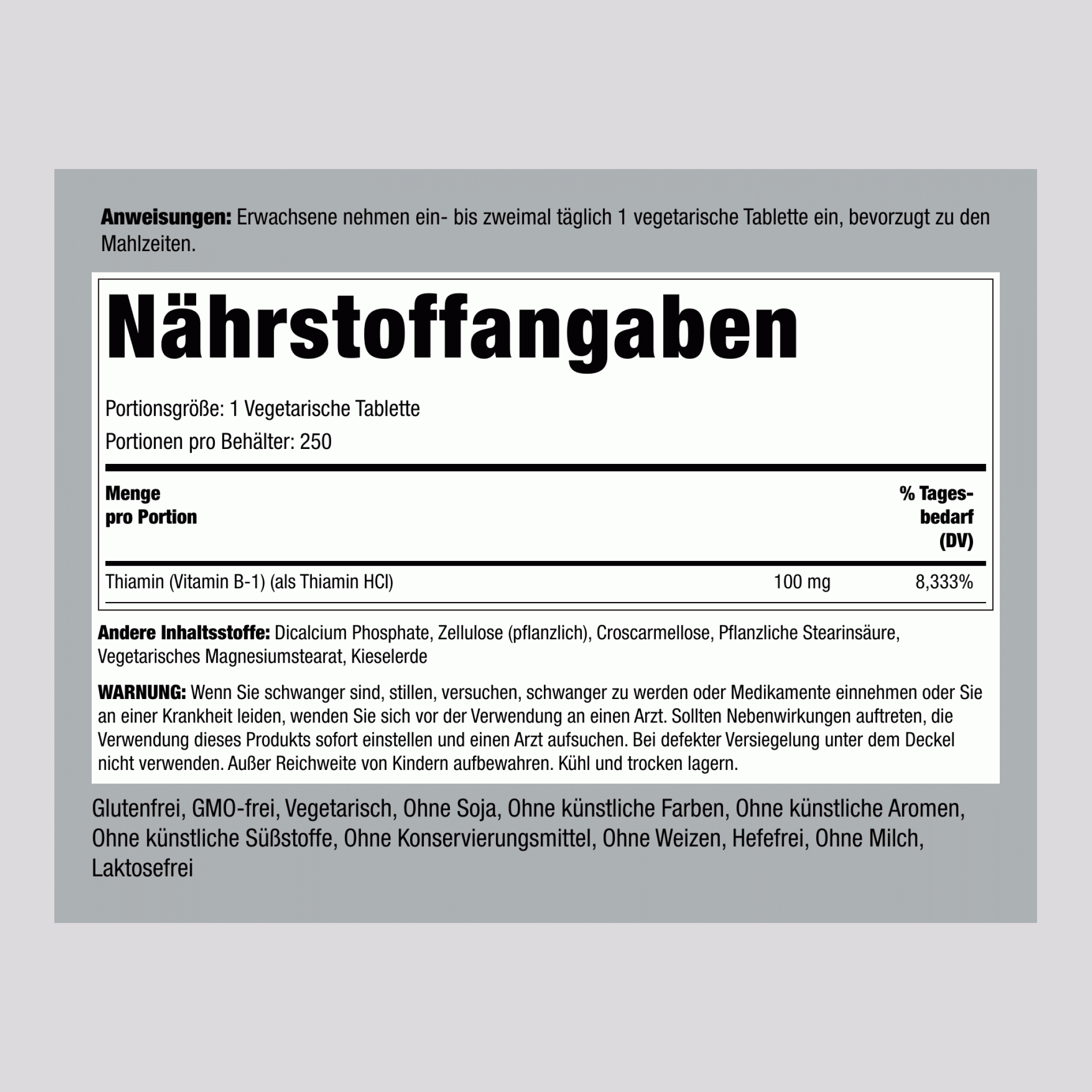 B-1 (Thiamin), 100 mg, 250 Vegetarische Tabletten