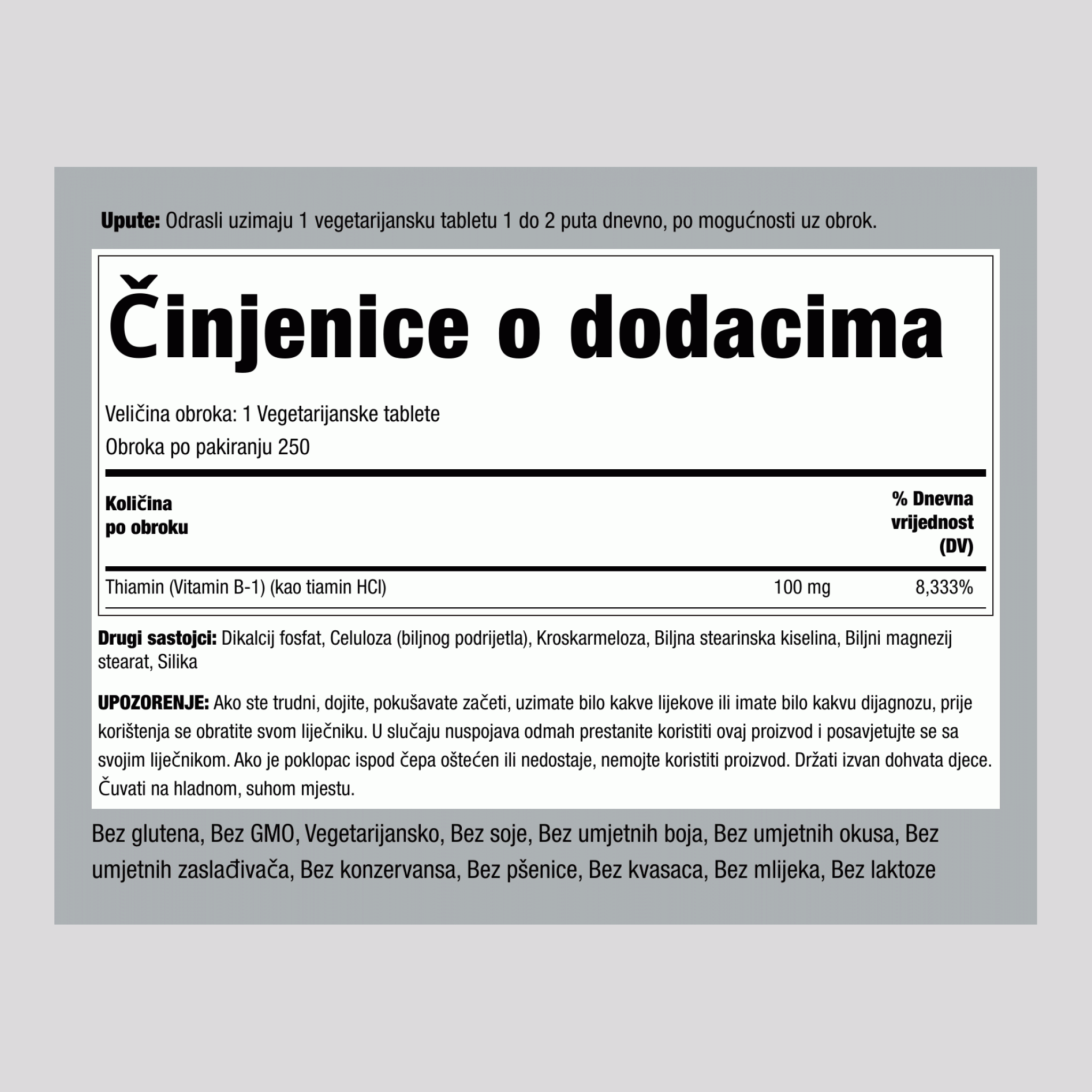 B-1 (Tiamin), 100 mg, 250 Vegetarijanskih Tableta