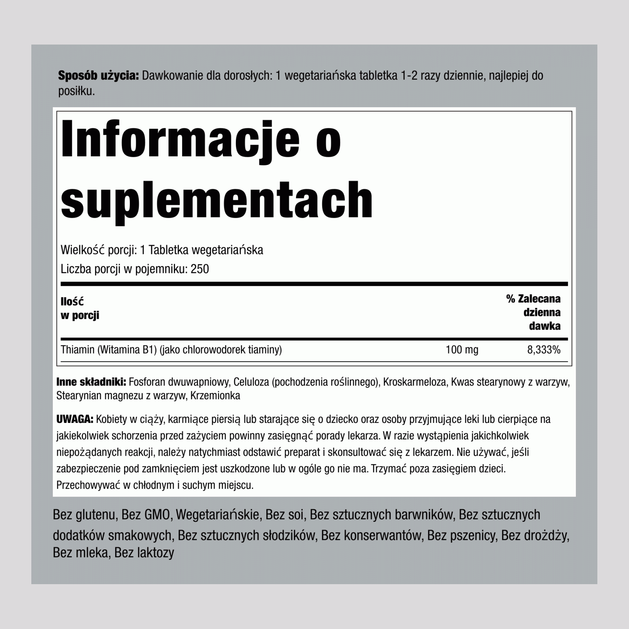 B-1 (Tiamina), 100 mg, 250 Tabletek Wegetariańskich