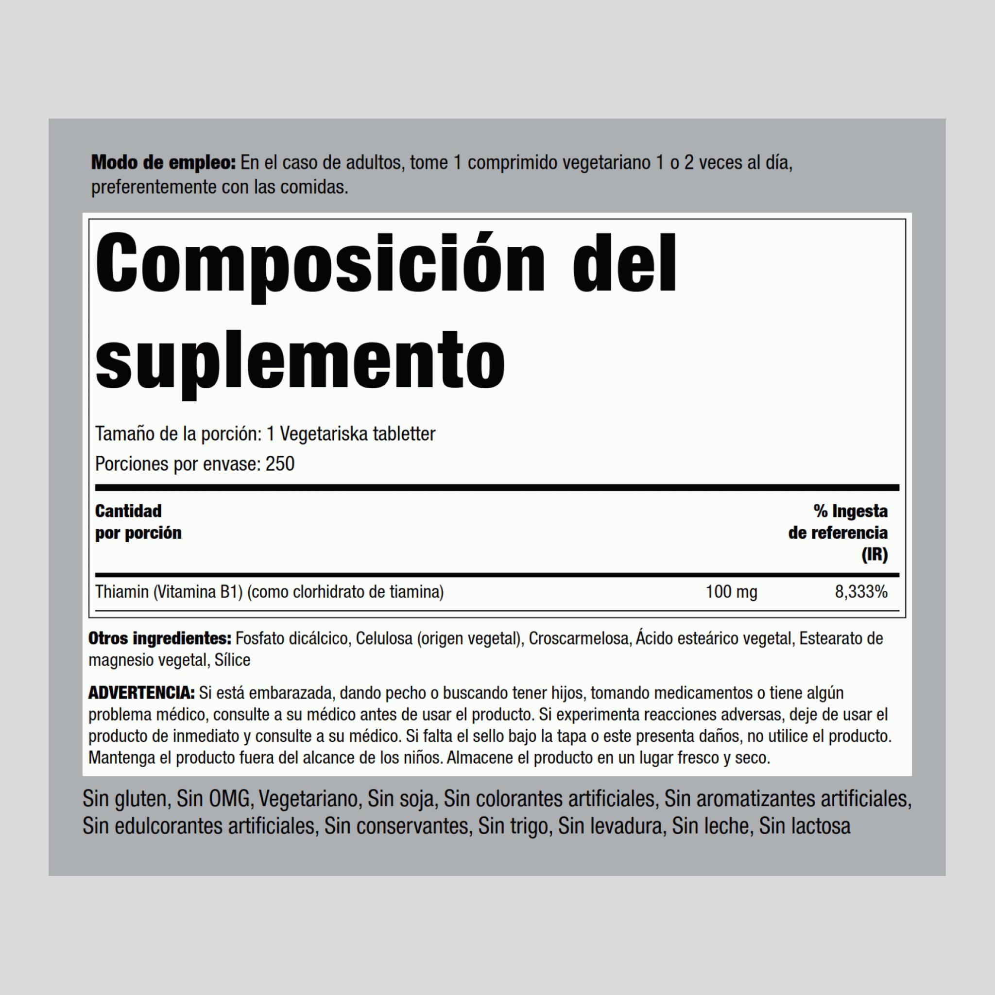 B-1 (tiamina) 100 mg 250 Tabletas     