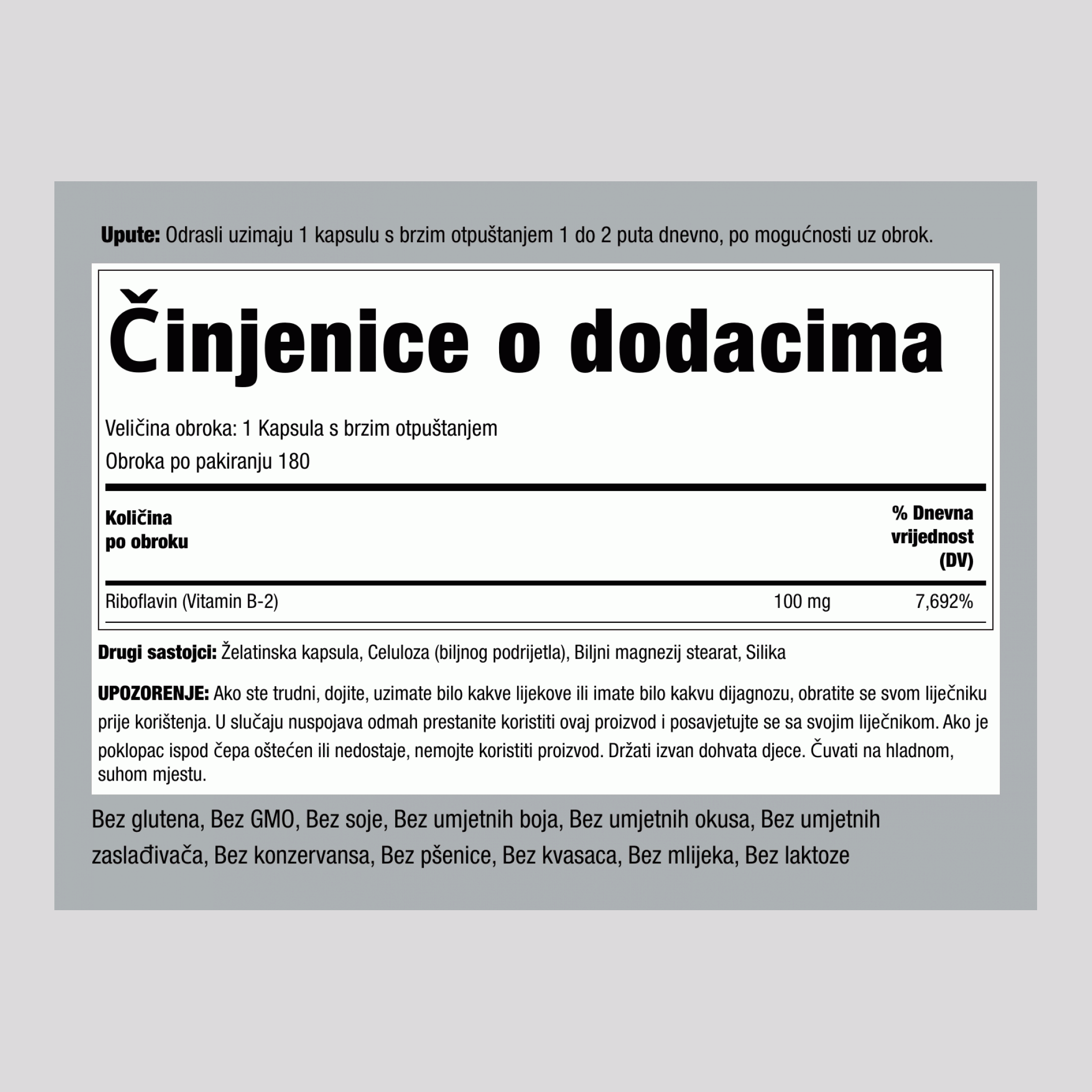 B-2 (Riboflavin), 100 mg, 180 kapsula s brzim otpuštanjem
