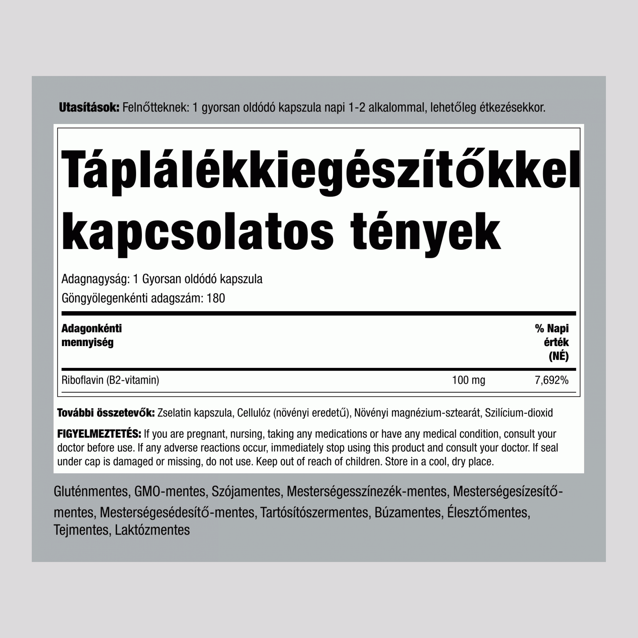 B-2 (Riboflavin), 100 mg, 180 gyors kioldódású kapszula