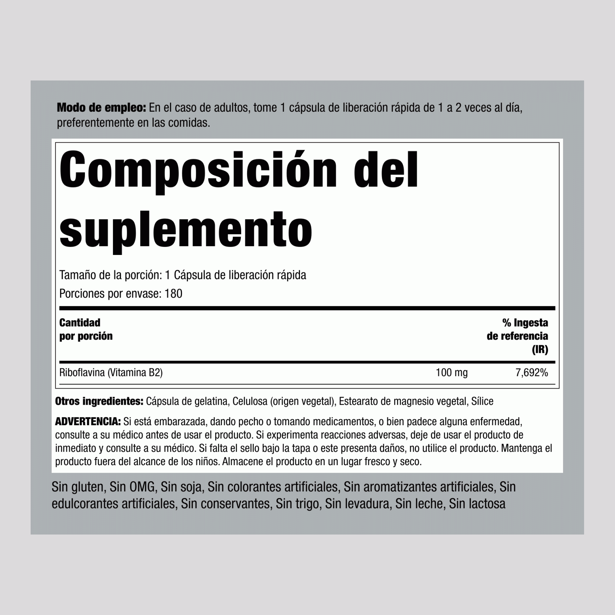 B-2 (riboflavina) 100 mg 180 Cápsulas de liberación rápida 2 Botellas/Frascos   