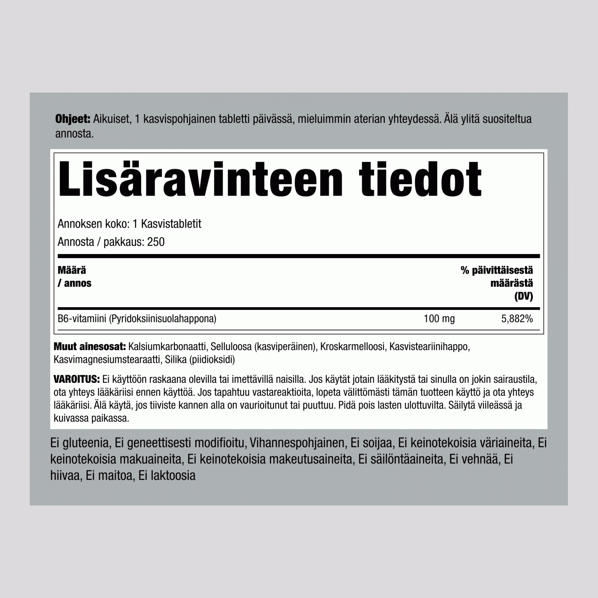 B6 (pyridoksiini) 100 mg 250 Tabletit 2 Pulloa  