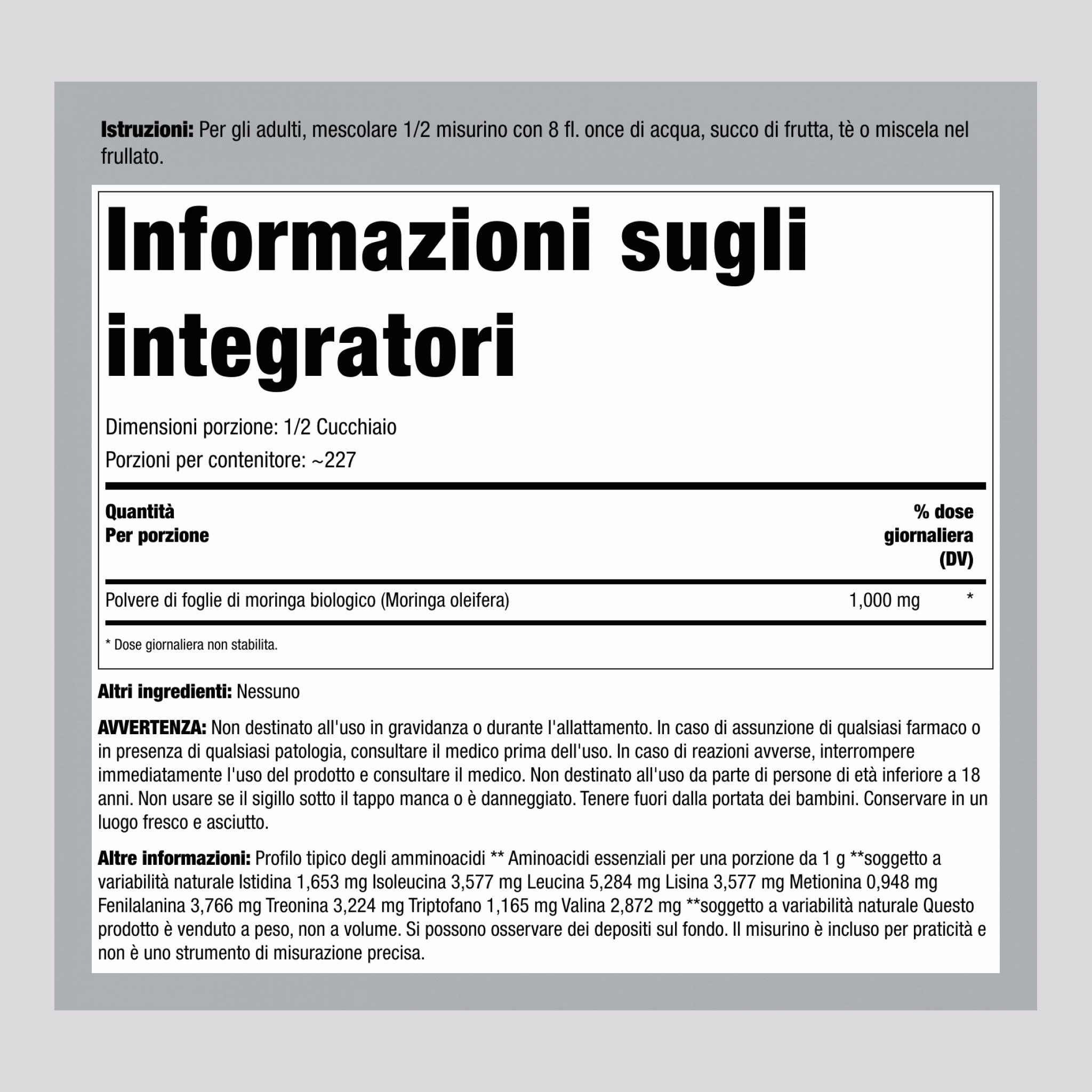 Foglie di moringa in polvere (biologiche) 8 oz 227 g Bottiglia    