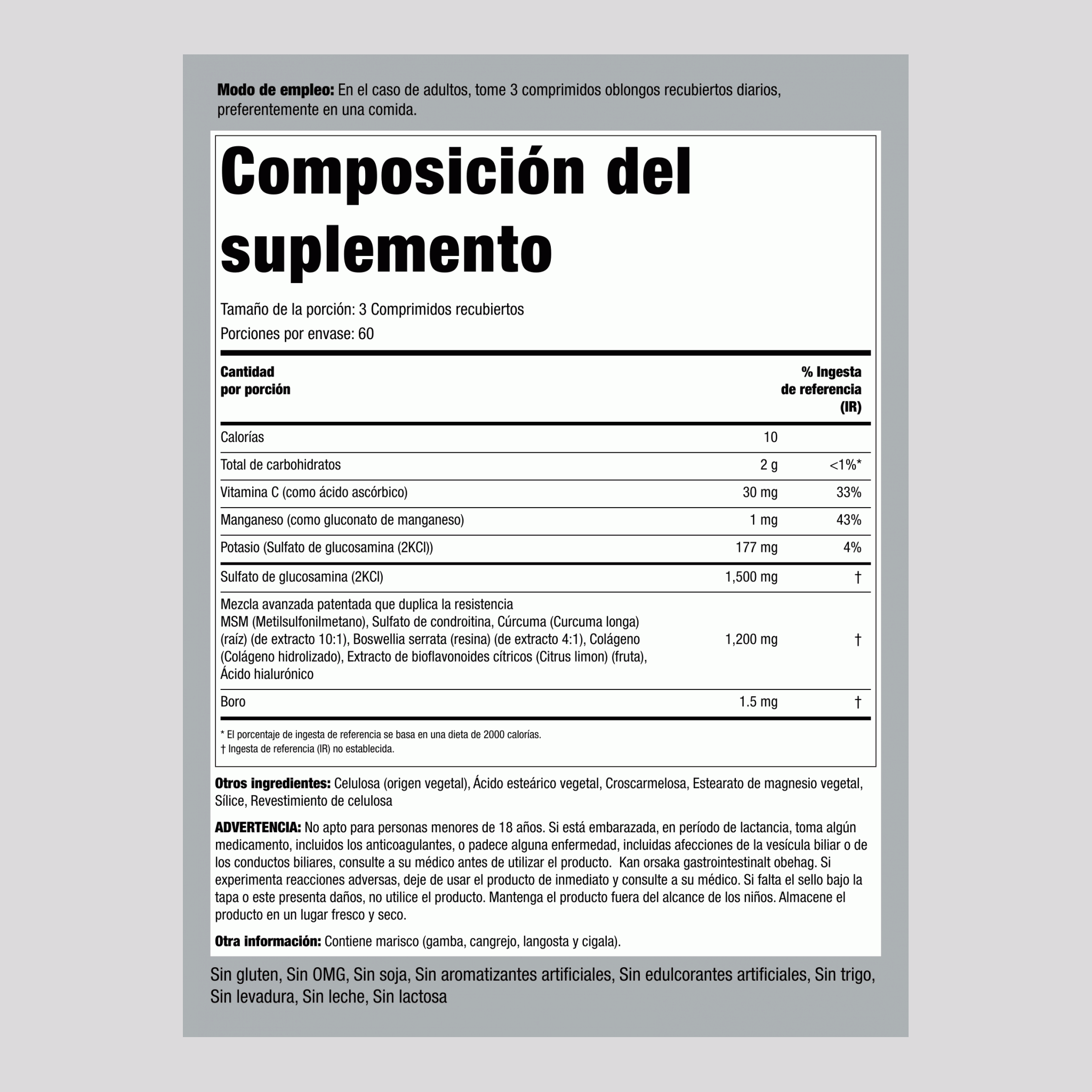 Glucosamina, condroitina, MSM Plus de doble concentración avanzada Cúrcuma 180 Comprimidos recubiertos       